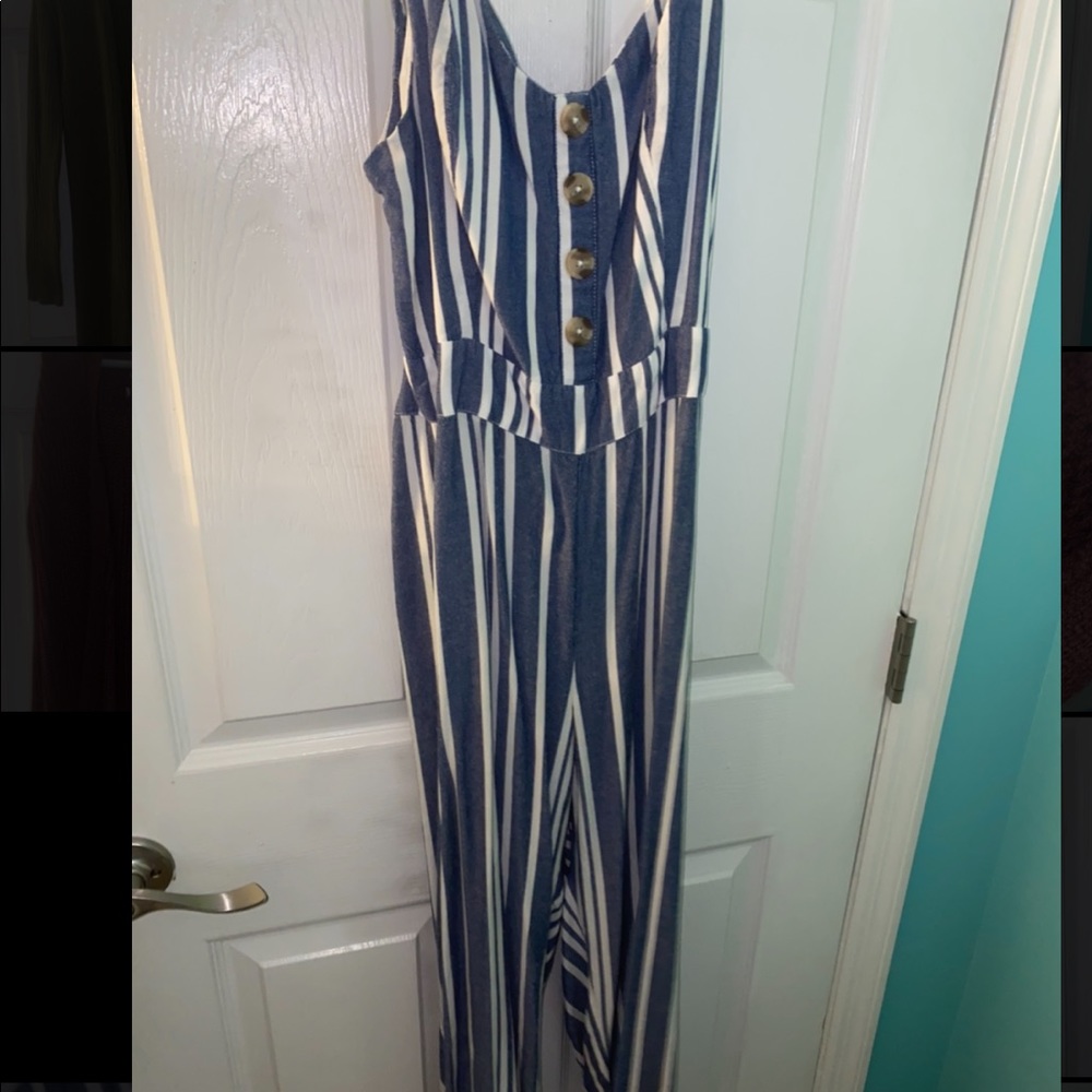 Blue and white striped jumpsuit